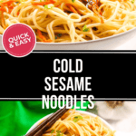 Two bowls of cold sesame noodles garnished with scallions and sesame seeds, accompanied by chopsticks, invite you to savor the perfect harmony of flavors and textures.