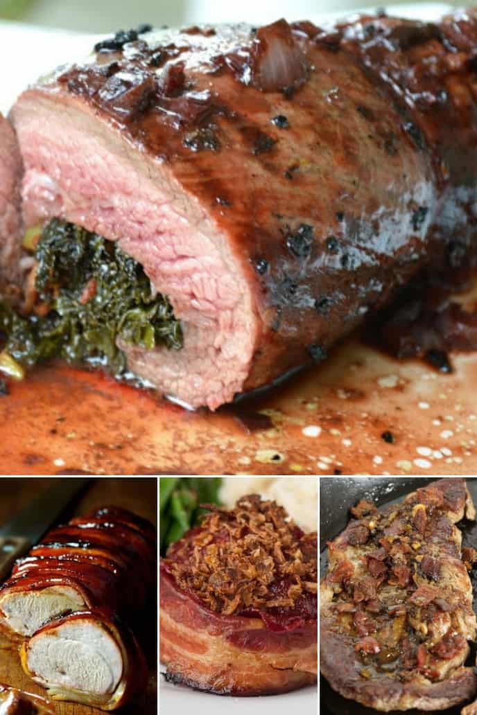 Collection of bacon dinner recipes including bacon wrapped meatloaf