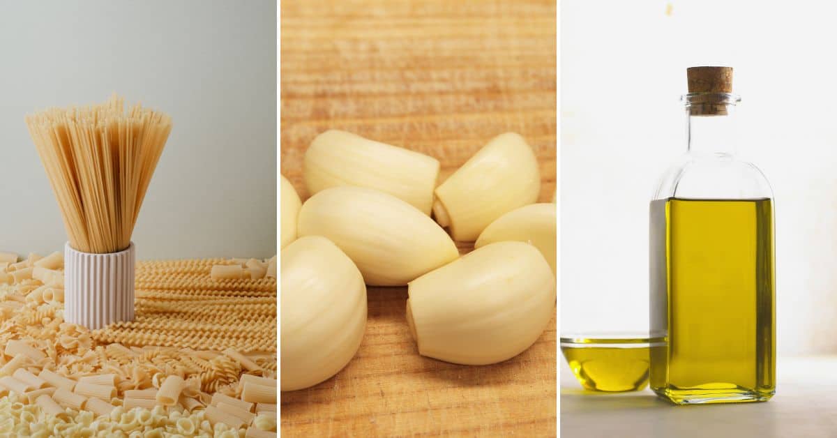 Spaghetti in a holder, peeled garlic cloves on a cutting board, and a bottle of olive oil rest on the surface, awaiting their transformation into cold sesame noodles.