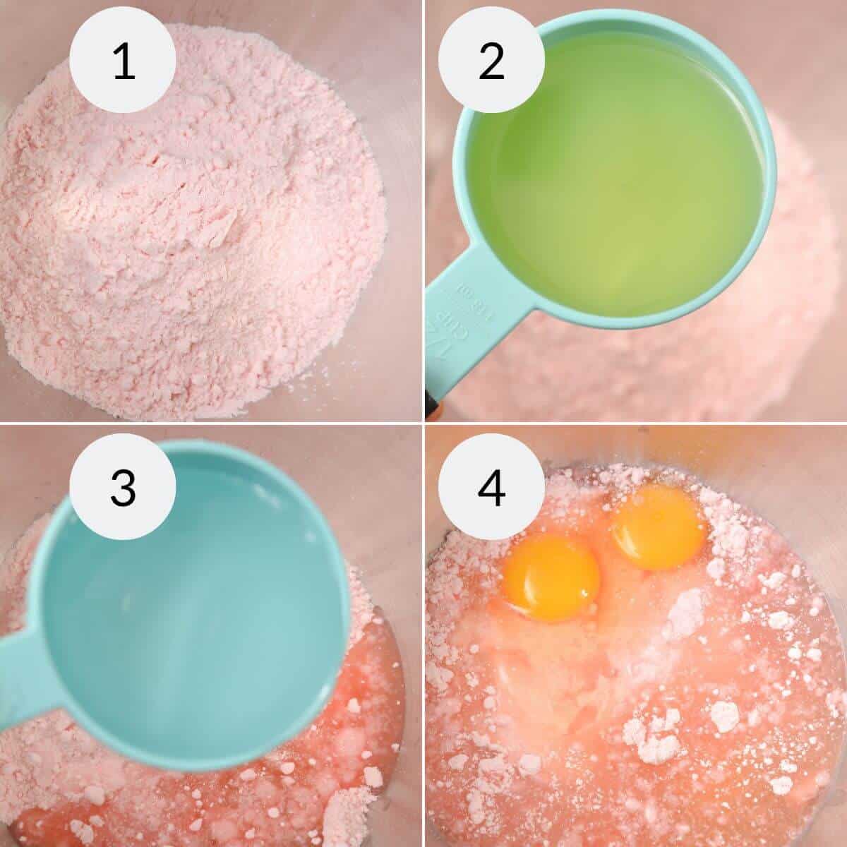 Four-panel image showing steps in a recipe for Strawberry Poke Cake: 1. Dry mix in a bowl. 2. Adding a green liquid. 3. Adding a blue liquid. 4. Two eggs added to the mixture.
