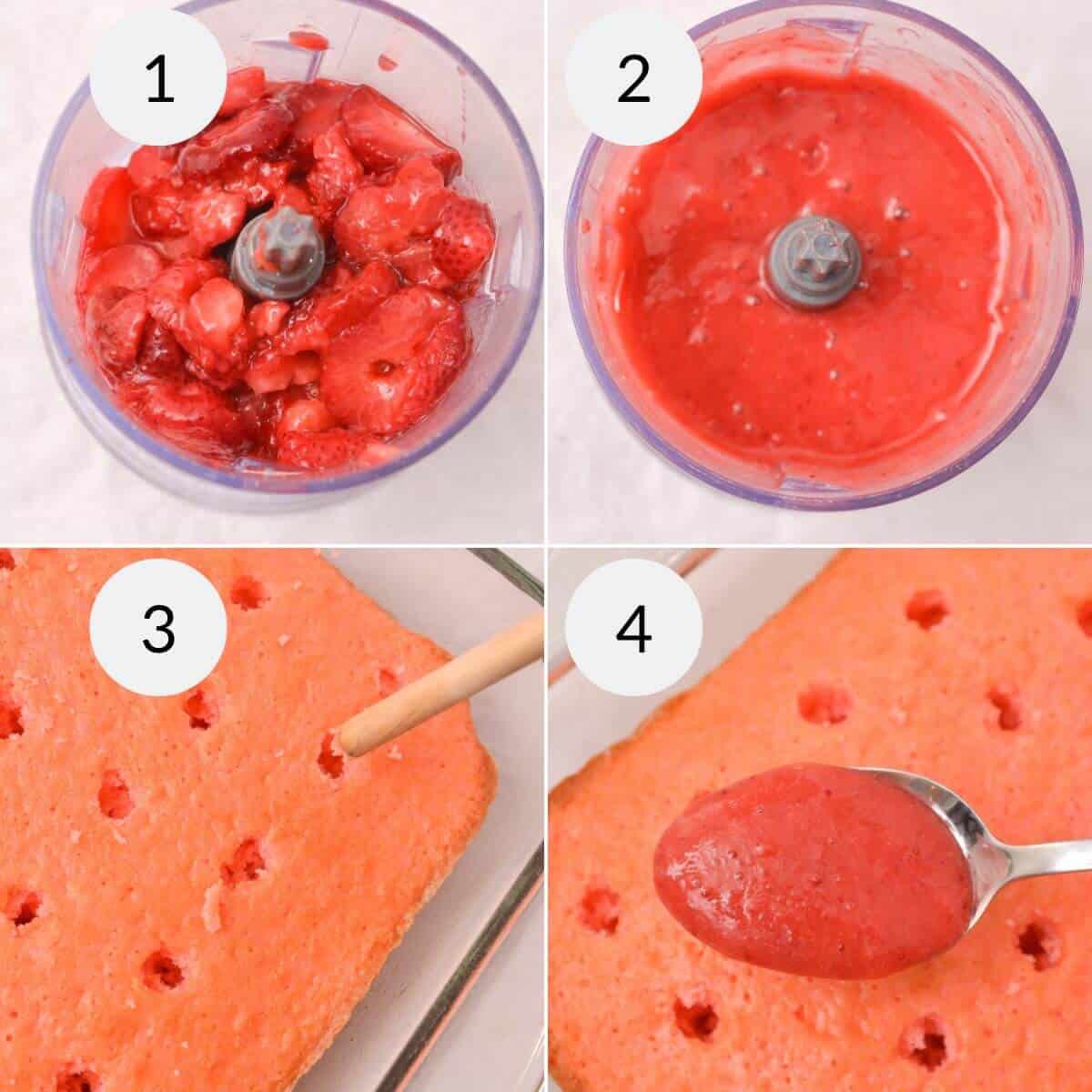 Four-step process of making a Strawberry Poke Cake: 1. Chopped strawberries in blender. 2. Blended strawberry puree. 3. Poking holes in baked cake. 4. Pouring puree over cake, letting the delicious strawberry flavor seep into every bite.