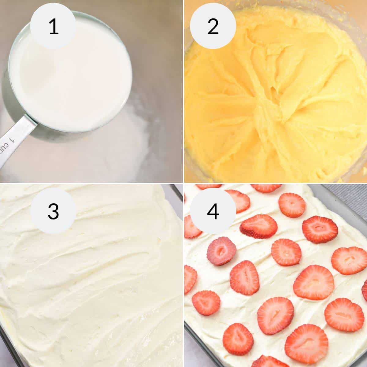 Four-step Strawberry Poke Cake recipe with images: 1. Measuring cup with milk. 2. Creamy batter mix in a bowl. 3. Smooth batter spread in a pan. 4. Batter topped with sliced strawberries in a rectangular pan.