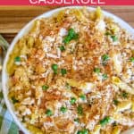 Garlic Parmesan Chicken Pasta in white casserole pan with green check napkin