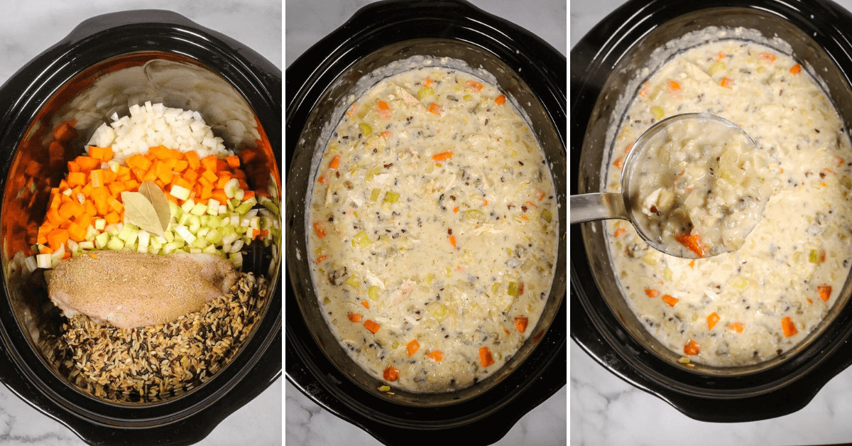 Collage of different images of making the meal in a slow cooker.