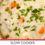 Creamy chicken wild rice soup in a bowl.