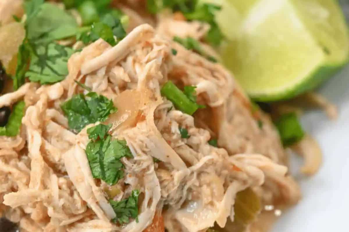Close-up of shredded chicken, a popular Cinco de Mayo food, garnished with fresh cilantro and accompanied by a lime wedge.