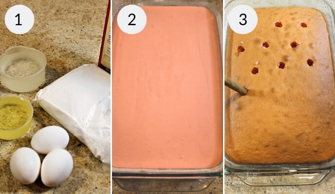 Step by step instructions for making fresh strawberry poke cake