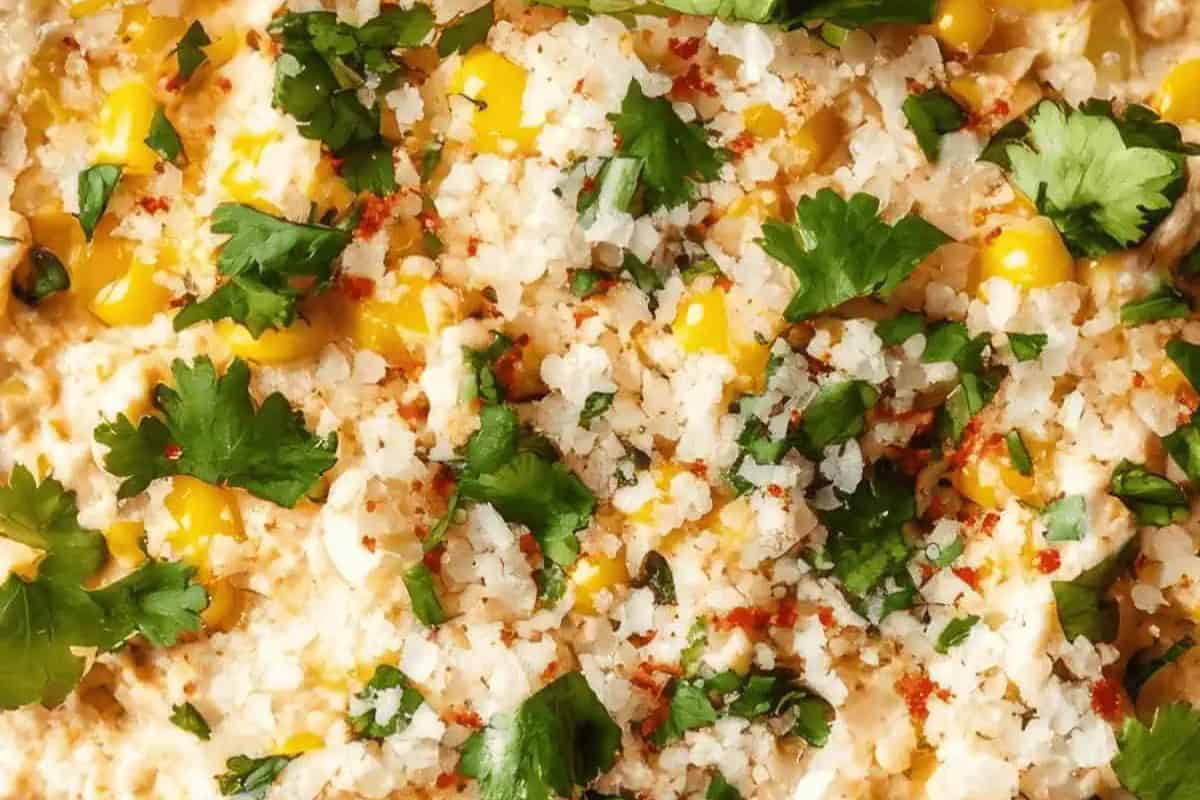 Close-up of street corn dip, perfect for Cinco de Mayo celebrations, topped with crumbled cheese, chopped cilantro, and a sprinkle of paprika.