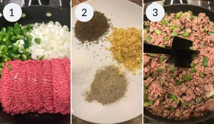 Three-step Wimpies cooking process: 1. Raw ground meat, onions, and green peppers in a skillet. 2. Various spices on a white plate. 3. Cooked ground meat mixed with onions and green peppers in a skillet for easy Sloppy Joes.