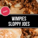 Image of two sloppy joes with ground beef filling on buns, labeled "Easy Wimpies (Sloppy Joes).