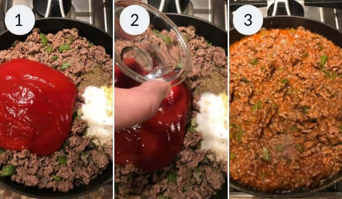  1. Ground beef, green peppers, and spices in a pan topped with ketchup and sugar. 2. Liquid being added to the pan. 3. Ingredients mixed and cooked together.