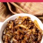 Caramelized onions in a round white dish
