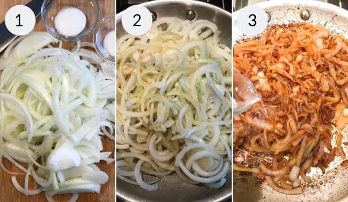 Discover the three-step process for creating the perfect caramelized onions: Step 1 reveals sliced raw onions, Step 2 captures them sizzling in a pan, and Step 3 presents them beautifully browned, ready to transform into a delicious caramelized onion dip.