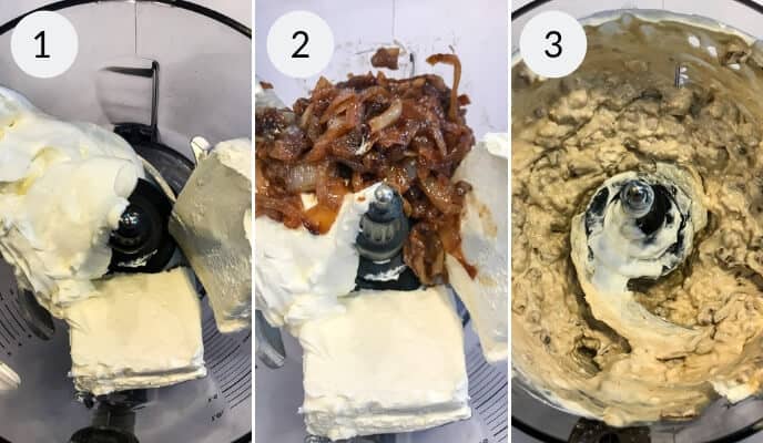 Create a delightful caramelized onion dip with this three-step process: 1) Blend cream cheese blocks, 2) Add savory caramelized onions, and 3) Mix to a smooth consistency in your food processor.