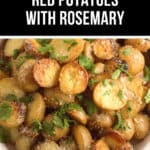 A bowl of Crock Pot Red Potatoes garnished with rosemary and parsley. The image is titled “Crock Pot Red Potatoes with Rosemary.”.