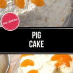 A frosted cake topped with mandarin orange slices, labeled "Southern Pig Cake." The Pig Cake has slices revealing a light, moist interior with additional mandarin segments visible.
