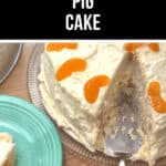 A sliced cake topped with orange slices on a glass plate, labeled "Southern Pig Cake." A piece of the delicious Pig Cake is on a green plate nearby, with a serving utensil beside the main cake.