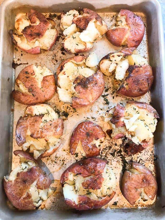 Roasted Smashed Potatoes on Baking Sheet