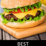 A close-up of a hamburger with sesame seed bun, lettuce, tomato, cheese, and a beef patty. Text below reads "BEST BAKED HAMBURGERS." Indulge in the juiciest baked hamburgers you'll ever taste.