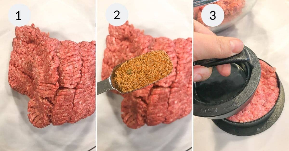A three-step process of making baked hamburger patties: 
1. Ground meat on a plate. 
2. Adding seasoning to the meat.
3. Pressing the meat into a patty mold.
