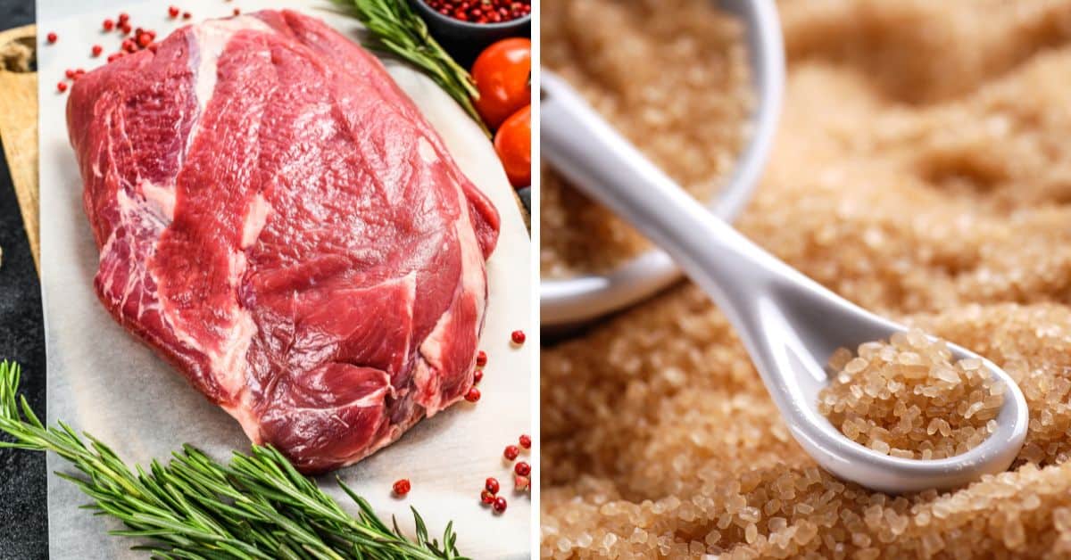 Image split into two: on the left, a raw piece of meat garnished with herbs and peppercorns; on the right, a close-up of brown sugar being scooped with a white spoon, perfect for crafting that tender smoked brisket.