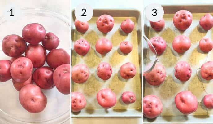 Steps to roast red potatoes: Image 1 shows potatoes in a bowl. Image 2 shows potatoes placed on a baking tray. Image 3 shows oil being drizzled over the soon-to-be Roasted Smashed Potatoes on the tray.