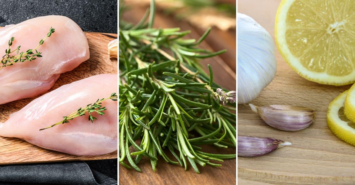 A triptych showcasing lemon rosemary chicken: raw chicken breasts with fragrant herbs on a cutting board, surrounded by rosemary sprigs, lemon slices, and garlic cloves on a rustic wooden surface.