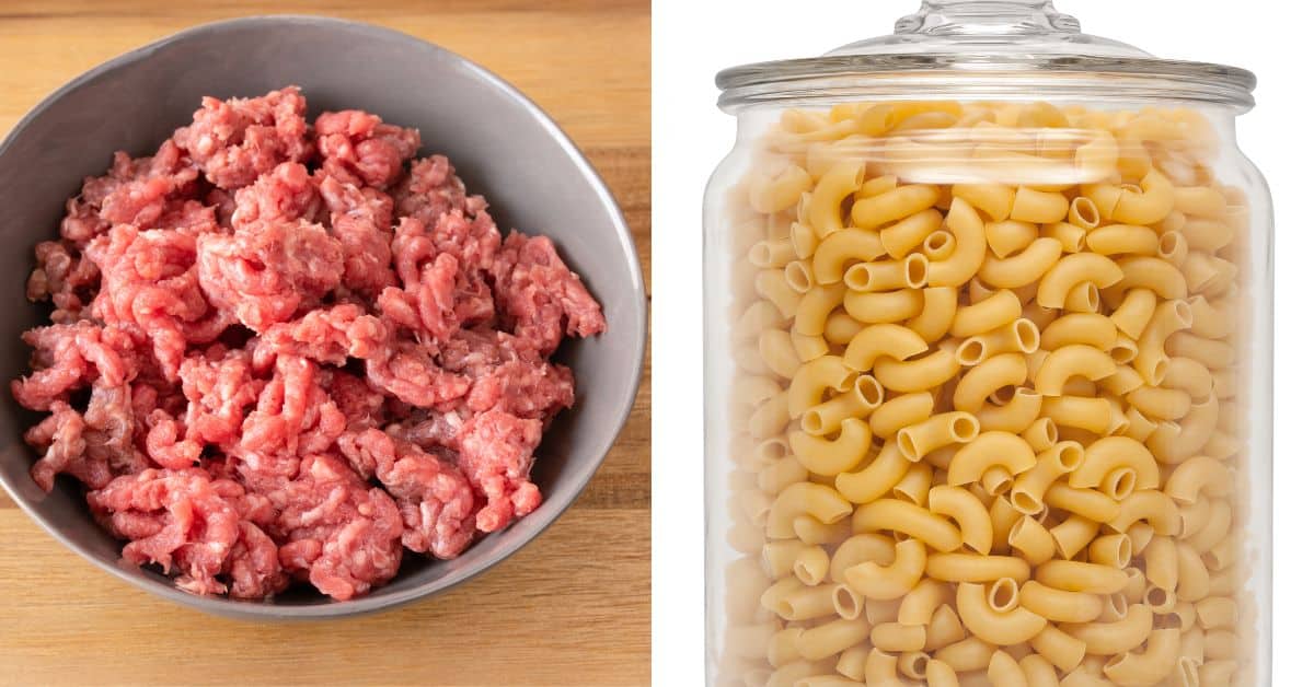 A bowl of raw ground meat sits beside a jar of uncooked pasta on a wooden surface, ready to be transformed into dinner.