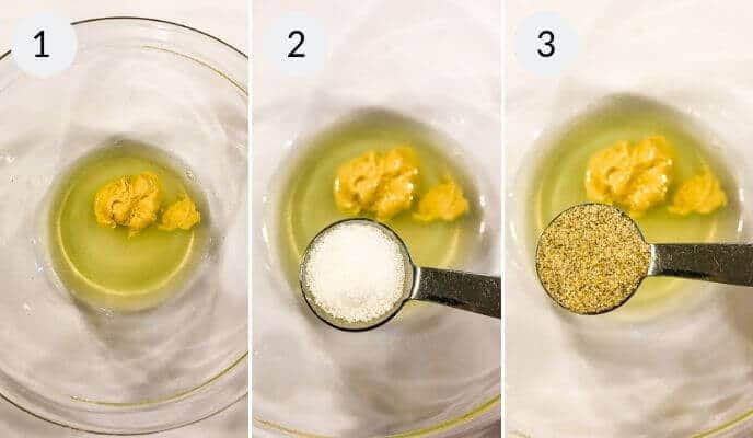 Step-by-step images showing mustard in a bowl, then being mixed with salt, and finally with black pepper to prepare a perfect seasoning base for lemon rosemary chicken. Steps are labeled 1, 2, and 3.