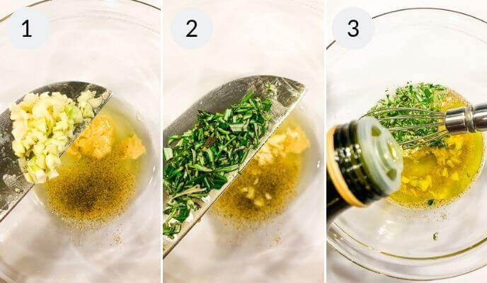 Step-by-step process of making a marinade: chopped garlic and ginger added in step 1, fresh herbs in step 2, and olive oil drizzled in step 3 into a glass bowl while a whisk sits inside. Perfect for infusing flavors into your lemon rosemary chicken.