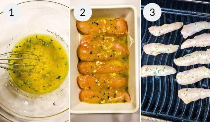 Three-step process for grilling lemon rosemary chicken: Step 1, whisking marinade in a bowl; Step 2, marinating chicken breasts; Step 3, grilling marinated chicken breasts on a barbecue.