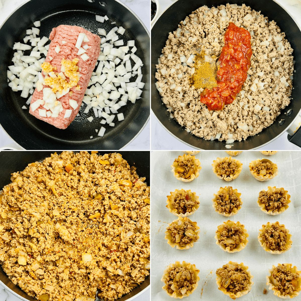 A series of photos showing the process of making the ground beef filling.