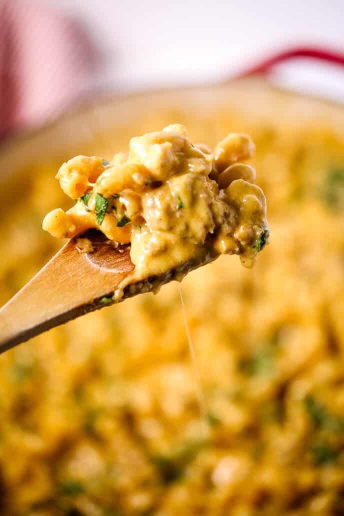 Veal Cheeseburger Macaroni on a wooden spoon