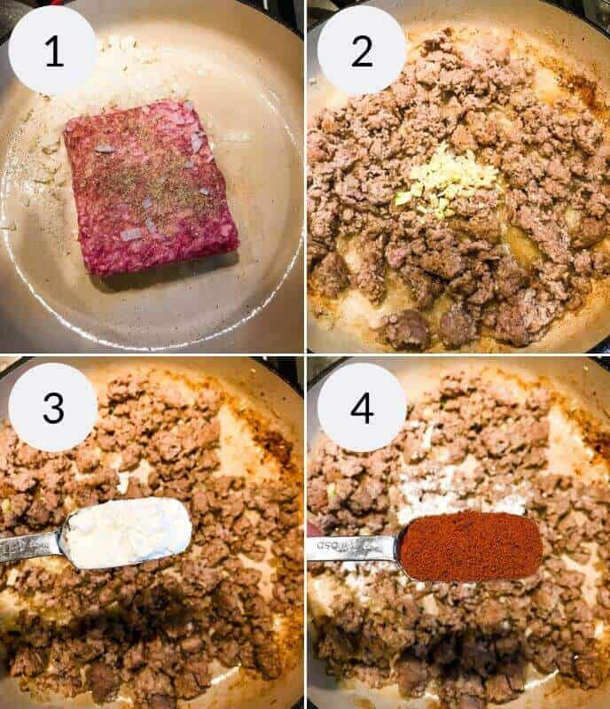 Whip up a cheeseburger macaroni delight in four simple steps: 1) Brown raw ground meat in a pan. 2) Mix in chopped garlic. 3) Sprinkle flour for thickening. 4) Add chili powder for a spicy kick that'll transform your dish into something extraordinary.