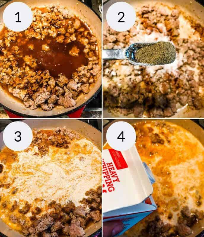 Four-panel image demonstrating steps of cooking a ground sausage and gravy dish: adding broth, seasoning with pepper, stirring, and pouring in heavy whipping cream—a perfect base for cheeseburger macaroni.