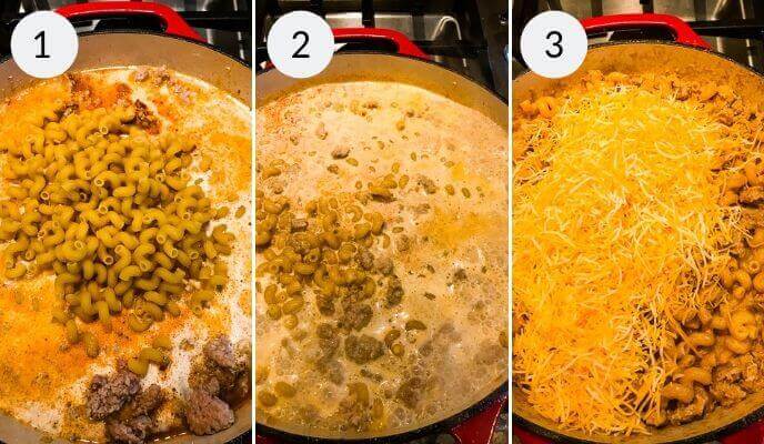 Three-step cooking process:  
1. Raw pasta added to ground meat in a skillet.  
2. Pasta and meat simmering in broth, resembling the comforting flavors of cheeseburger macaroni.  
3. Melted cheese covering cooked pasta and meat mixture for a delicious finish.