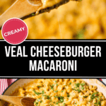 A close-up of creamy veal cheeseburger macaroni in a skillet, with a wooden spoon gracefully lifting a savory portion.