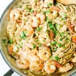 shrimp alfredo recipe in a skillet