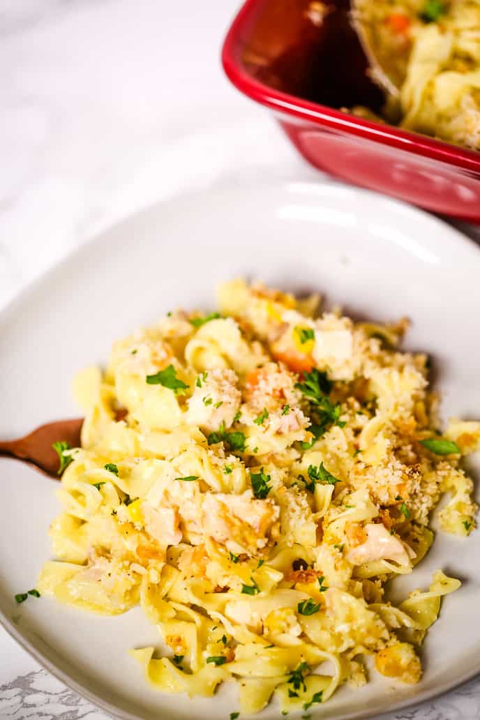 Creamy Chicken Pasta Casserole in a white plate with a fork.