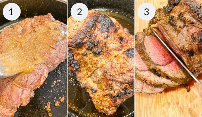 Step by step instructions for cooking beef tenderloin roast: Step 1: Beef tenderloin being roasted in a cast-iron skillet, Step 2: Roasted Beef tenderloin in a cast-iron skillet, Step 3: Roasted Beef Tenderloin being cut. 