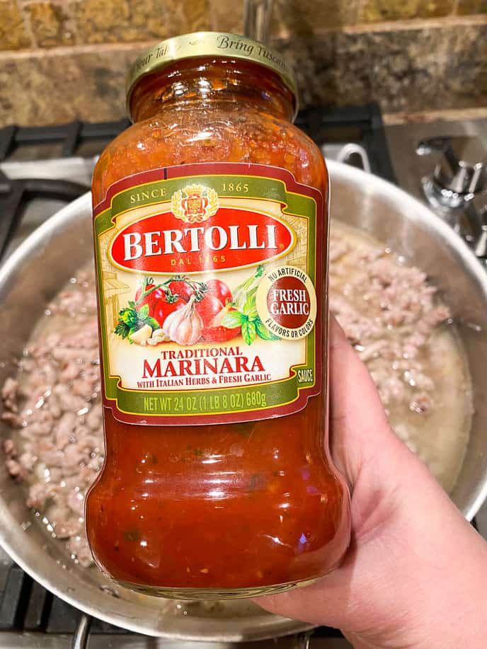 Jar of Bertolli marinara sauce for this easy lasagna recipe