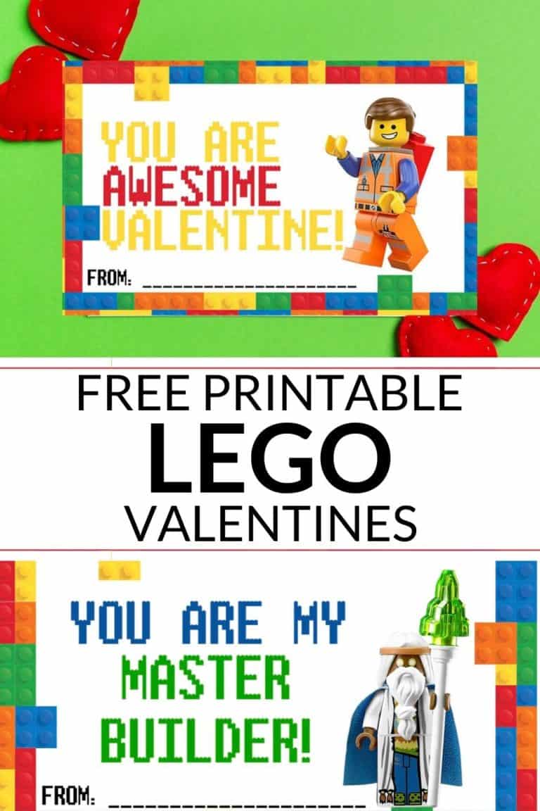 Printable Lego Valentines on green background