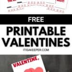 A hand holds a Valentine card featuring two hugging hearts with smiling faces and the text "Valentine, you're the best!" Multiple similar valentine printables are displayed above.