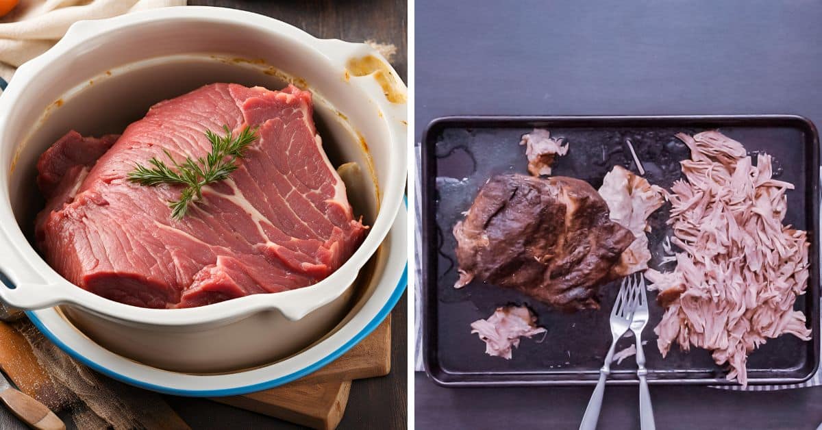 On the left, raw beef mingles with herbs in a dish, while on the right, Mississippi Pot Roast graces a baking tray as tender, shredded beef beside two waiting forks.