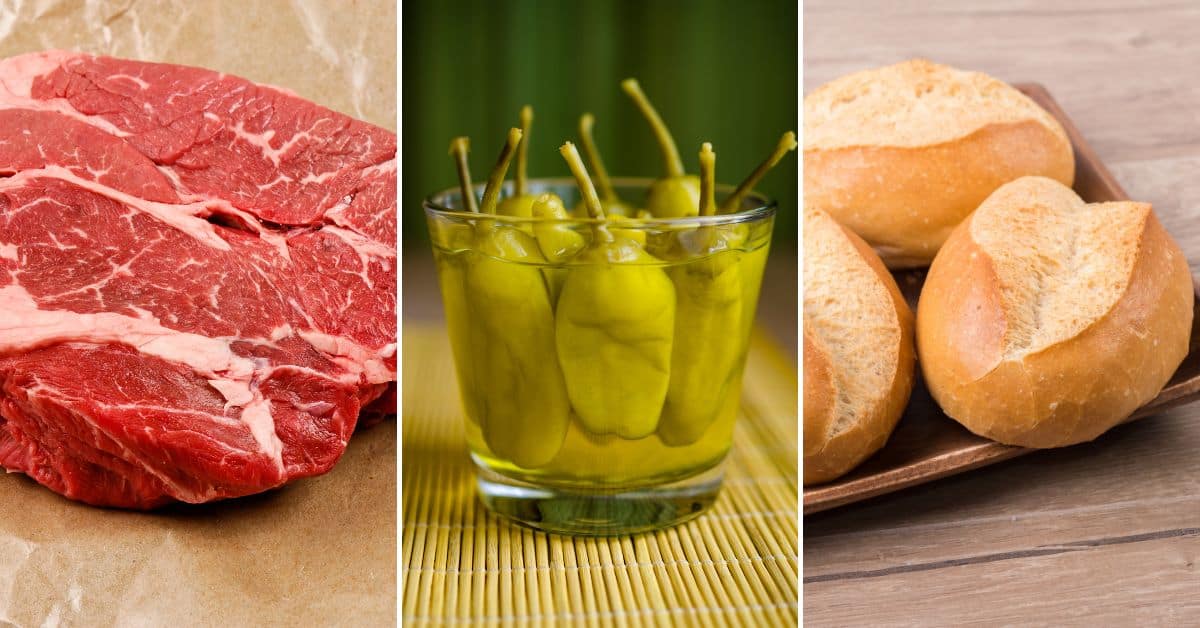 A raw beef steak, a glass of pickled peppers, and a plate of bread rolls evoke the comforting essence of a Mississippi Pot Roast feast.