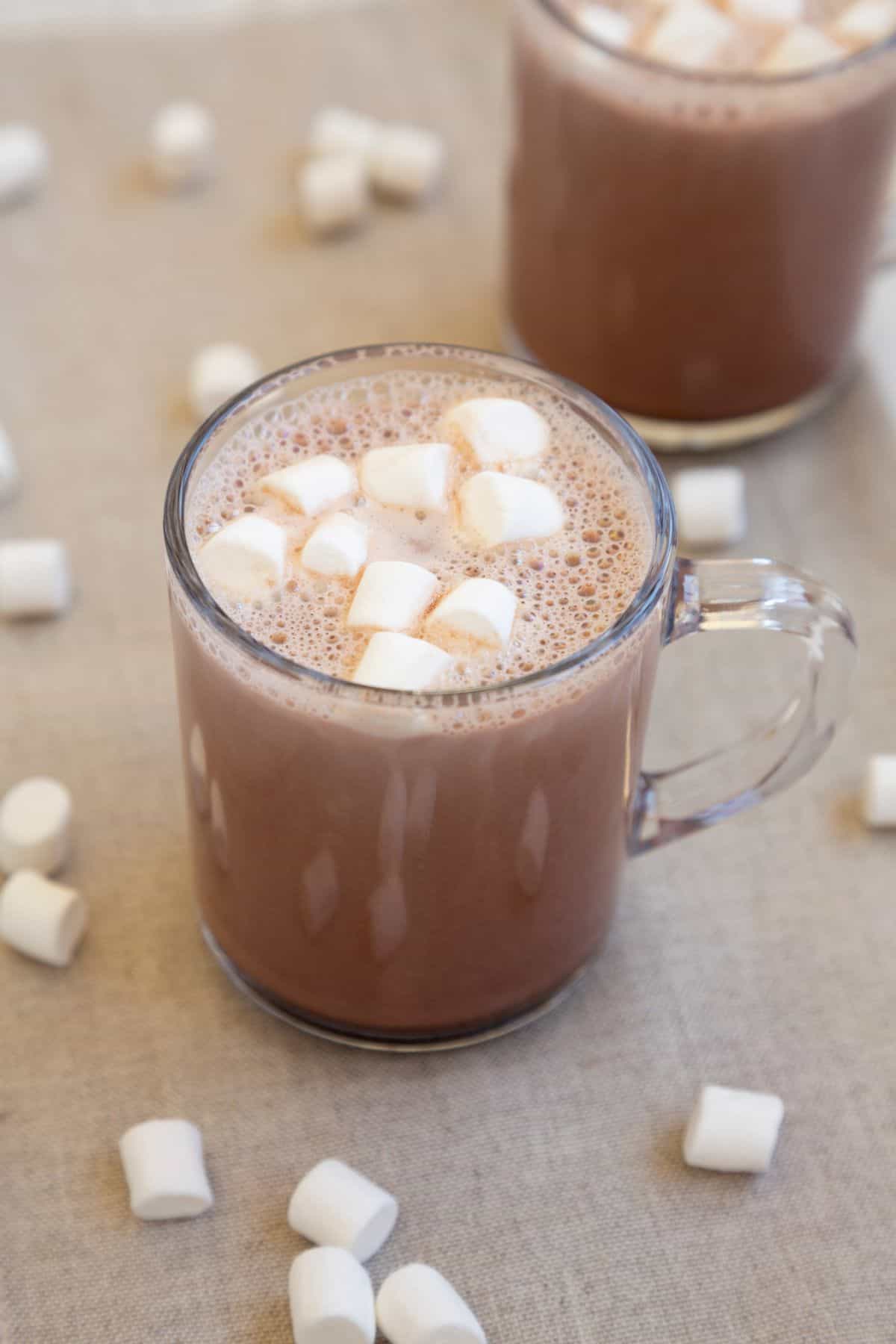 A cup of prepared homemade hot cocoa mix.