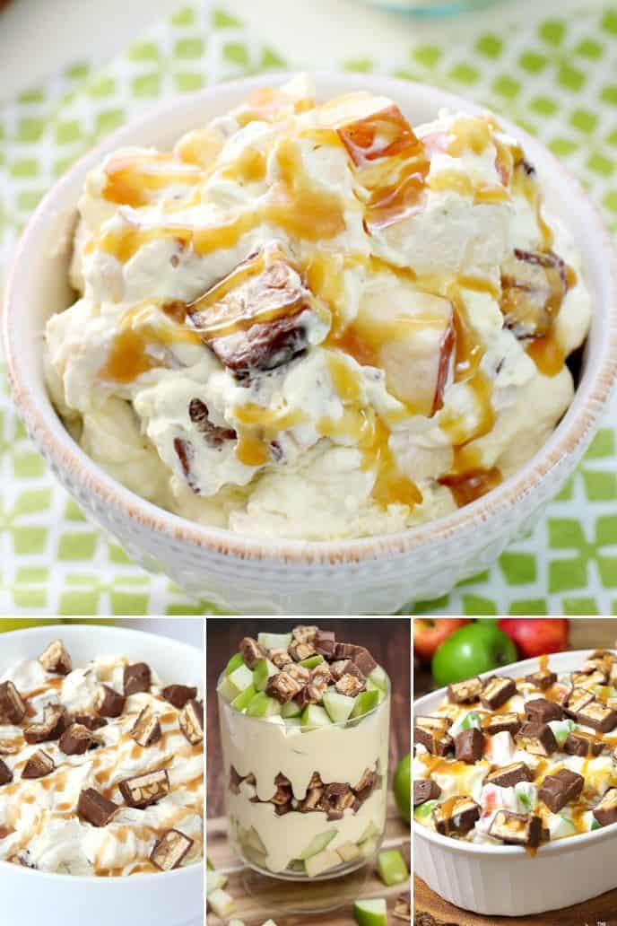 an assortment of snicker salad and snicker apple salad that are delicious