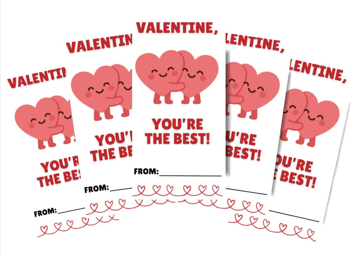 Five Valentine's Day cards with two smiling, cartoon heart characters hugging and the text "VALENTINE, YOU'RE THE BEST!" above a space to write "FROM:" and a row of red hearts—perfect valentine printables for sharing sweet messages.