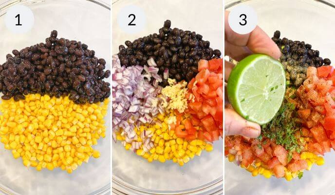 Three images showing steps of a Black Bean and Corn Salsa preparation: 1) black beans and corn in a bowl, 2) added onions, garlic, and tomatoes, 3