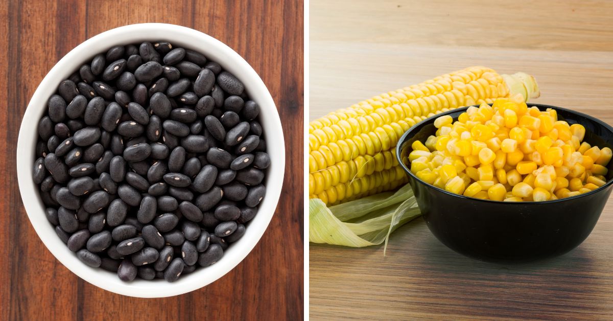 Two images: left shows a bowl of black beans on a wooden table. Right displays a bowl of yellow corn kernels and Black Bean and Corn Salsa with a corn cob beside it on a wooden surface